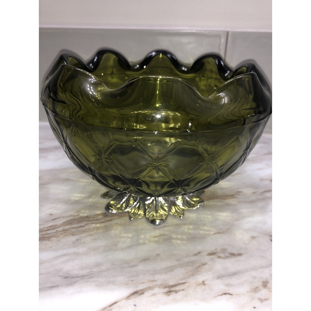 Vintage 1960s Indiana Glass Bowl Quilted Duette Pattern Bowl Metal Pedestal. - Picture 8 of 9